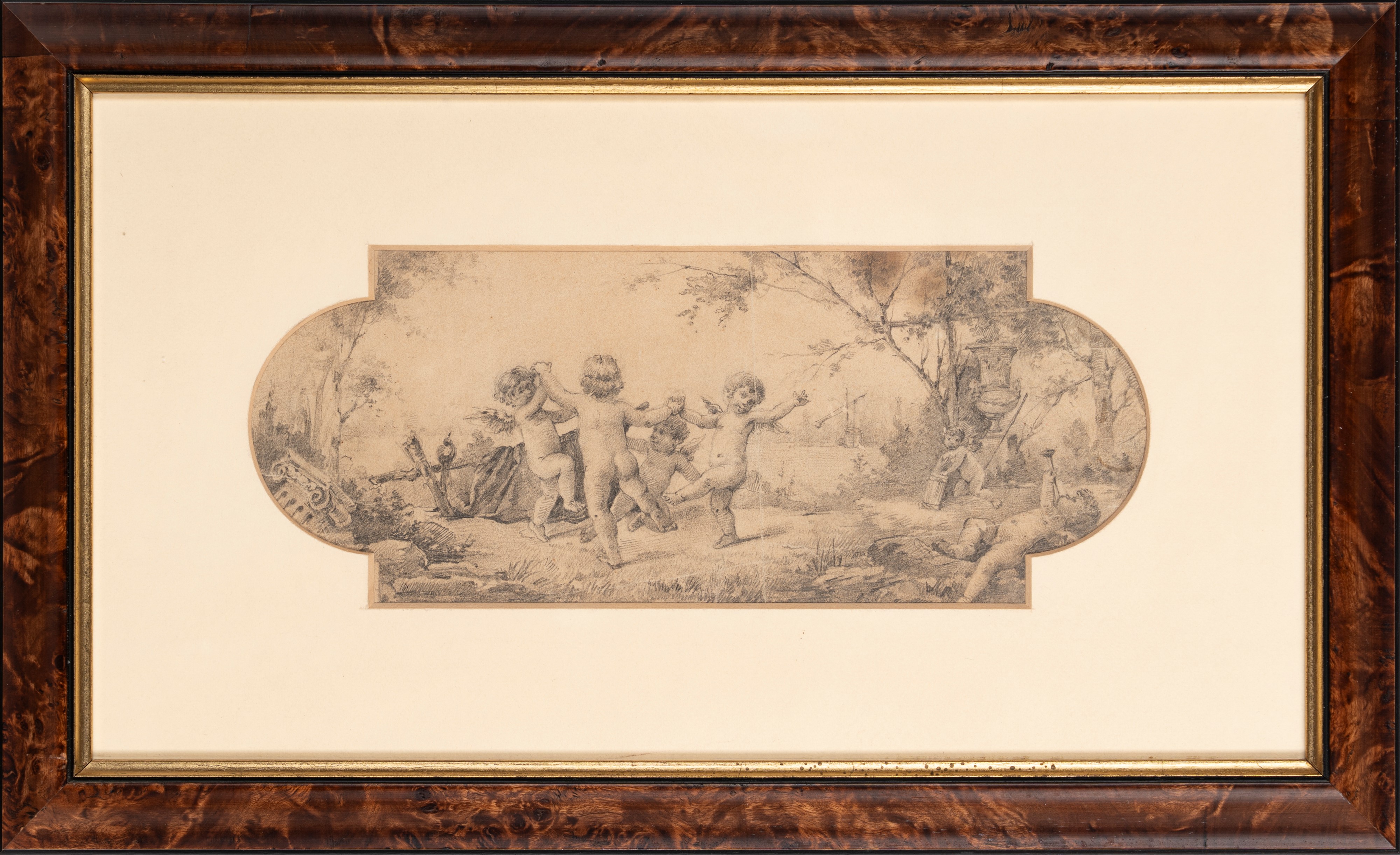 Scuola Veneta, Secolo XIX - Gioco di putti, matita grigia su carta sagomata