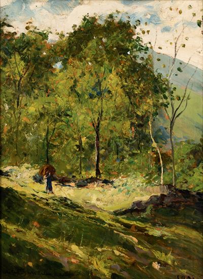 Figura nel bosco, olio su tavola