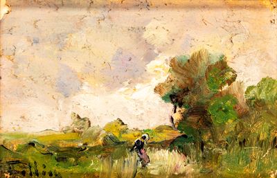 Paesaggio con figura, olio su cartone