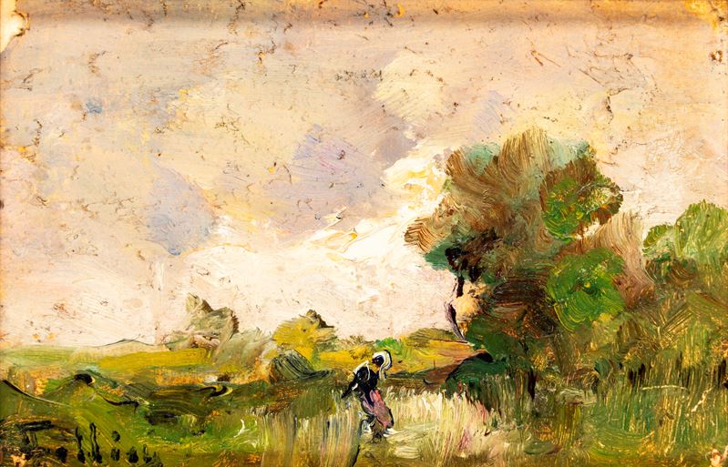 Carlo Follini - Paesaggio con figura, olio su cartone