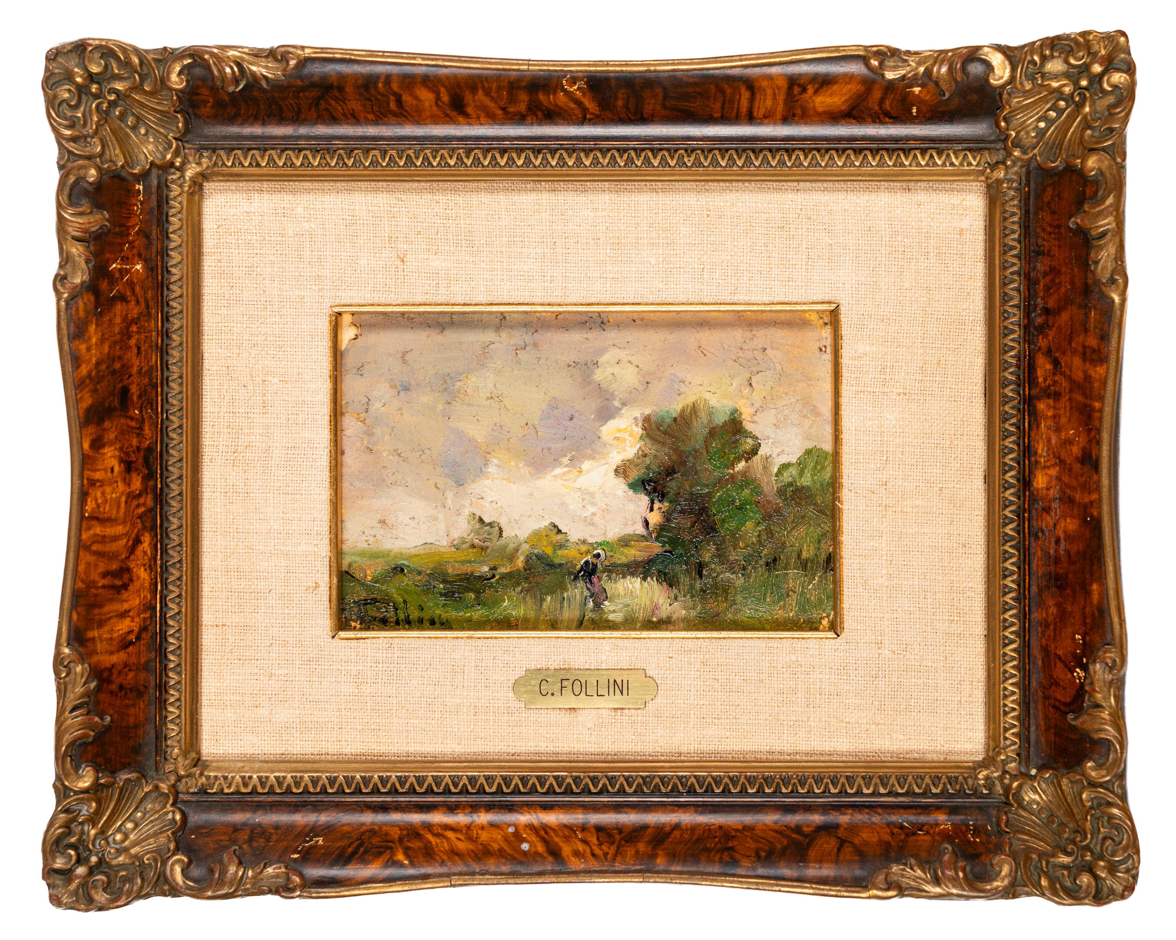 Carlo Follini - Paesaggio con figura, olio su cartone