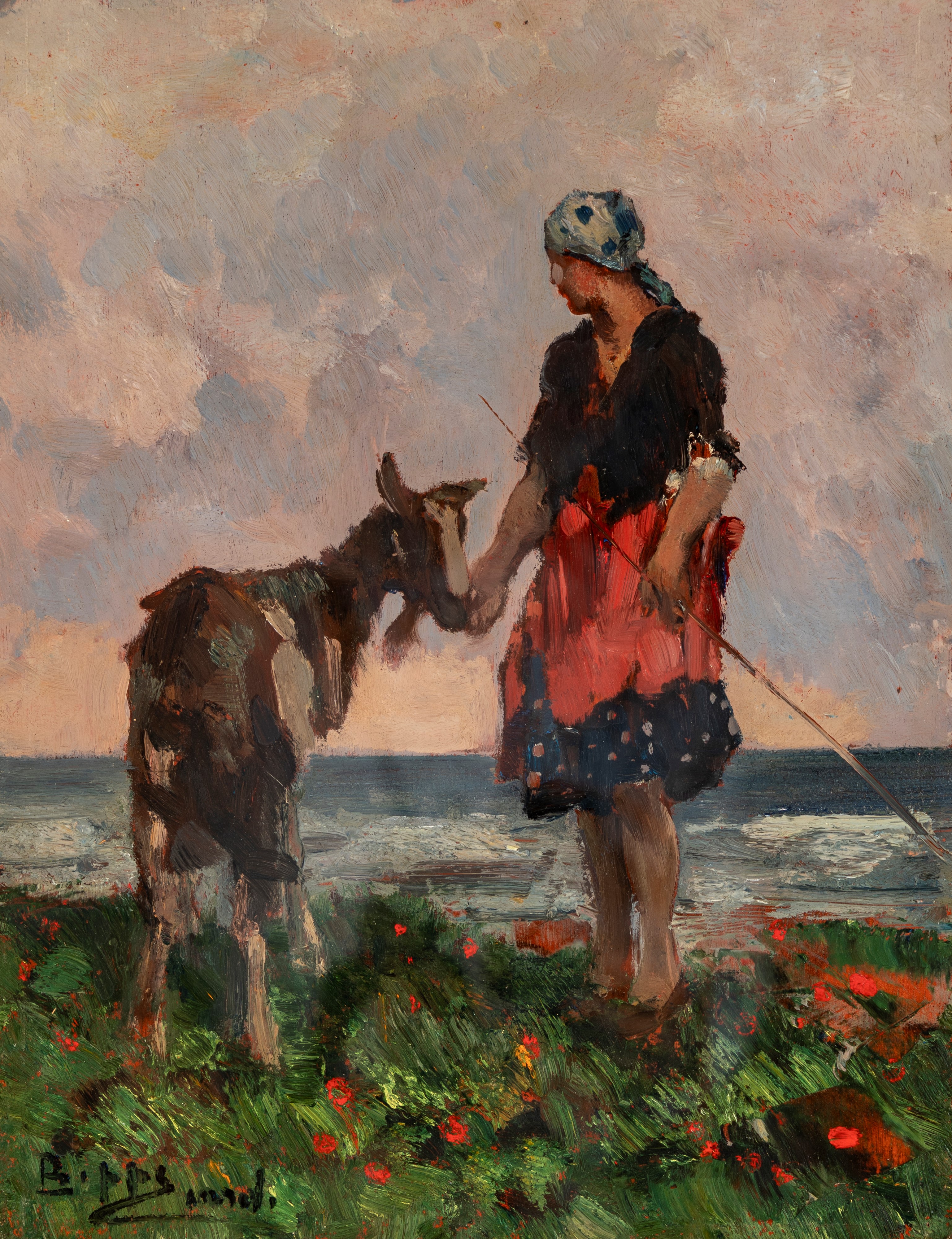 Beppe Ciardi - Ragazza e capra; Ragazza che fila, coppia di dipinti a olio su tavola