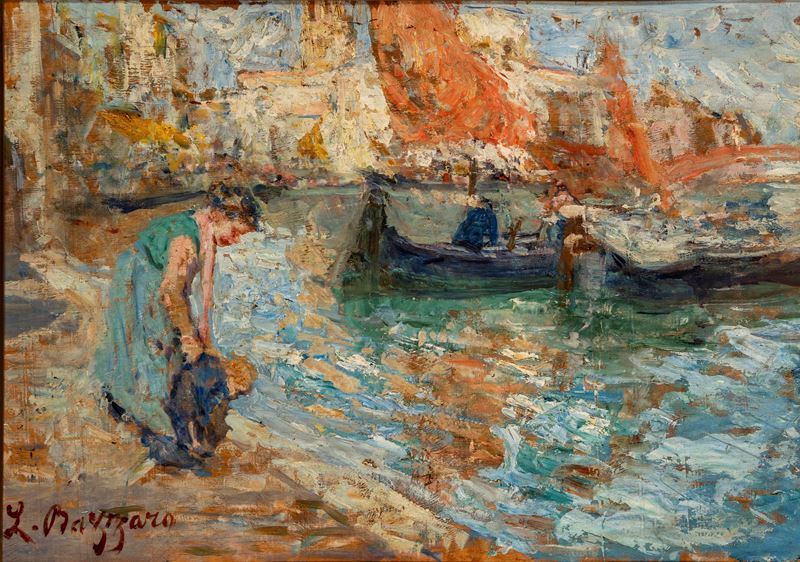 Leonardo Bazzaro - Marina di Chioggia, olio su compensato
