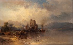 Lake view with ruined castle