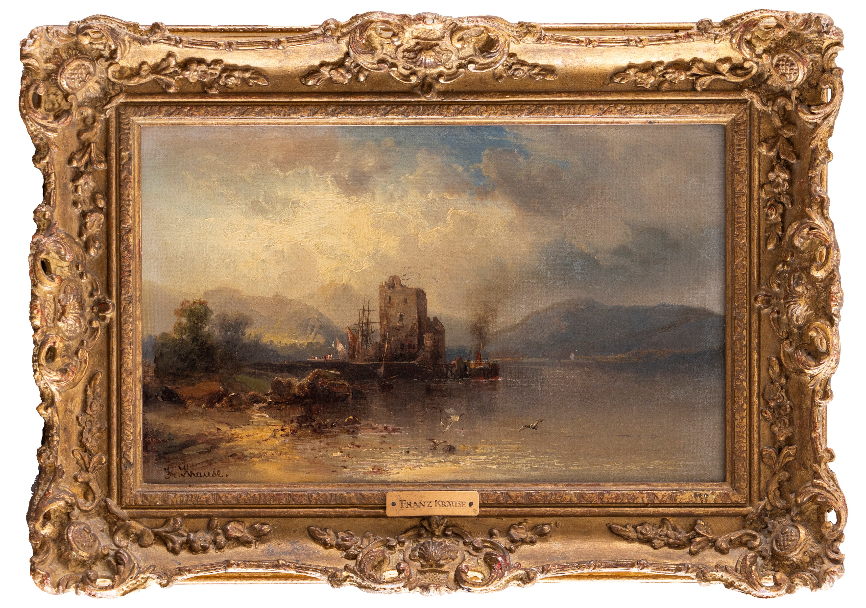 Franz Emil Krause - Veduta lacustre con castello in rovina, olio su tela