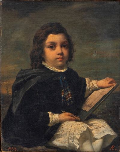 Ritratto di fanciullo mentre disegna, olio su tela (1853)