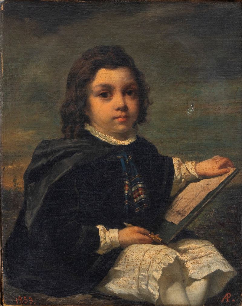 Scuola Italiana, Metà del Secolo XIX - Ritratto di fanciullo mentre disegna, olio su tela (1853)