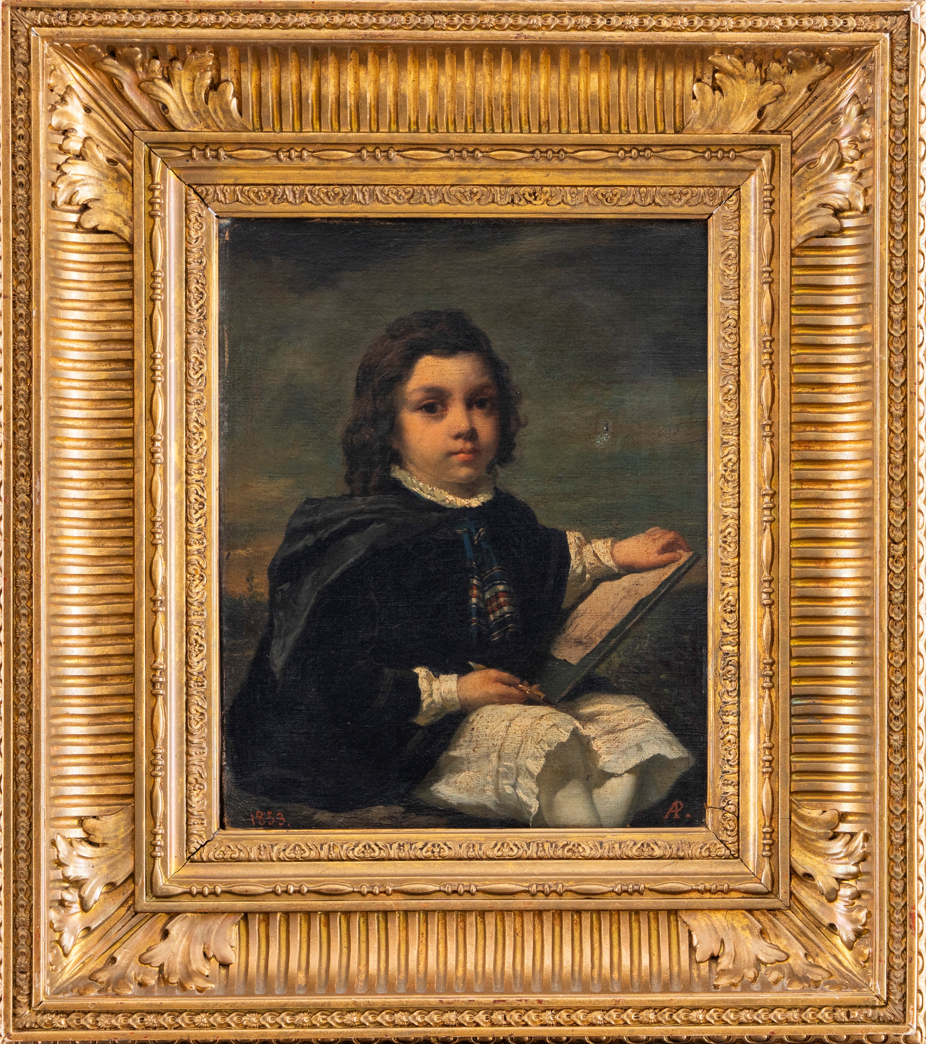 Scuola Italiana, Metà del Secolo XIX - Ritratto di fanciullo mentre disegna, olio su tela (1853)