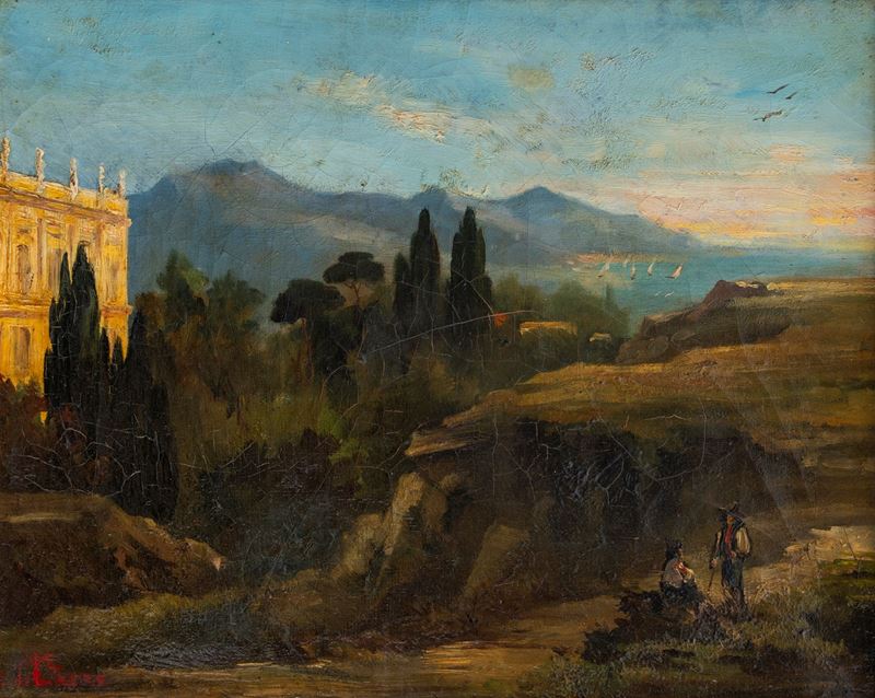 Scuola Francese del XIX Secolo - Palazzo presso la costa, olio su tela