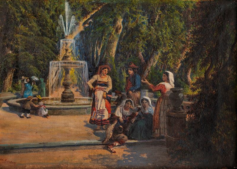 Scuola Europea del XIX Secolo - Veduta di Villa Borghese con la fontana in Viale Tiziano (olio su...