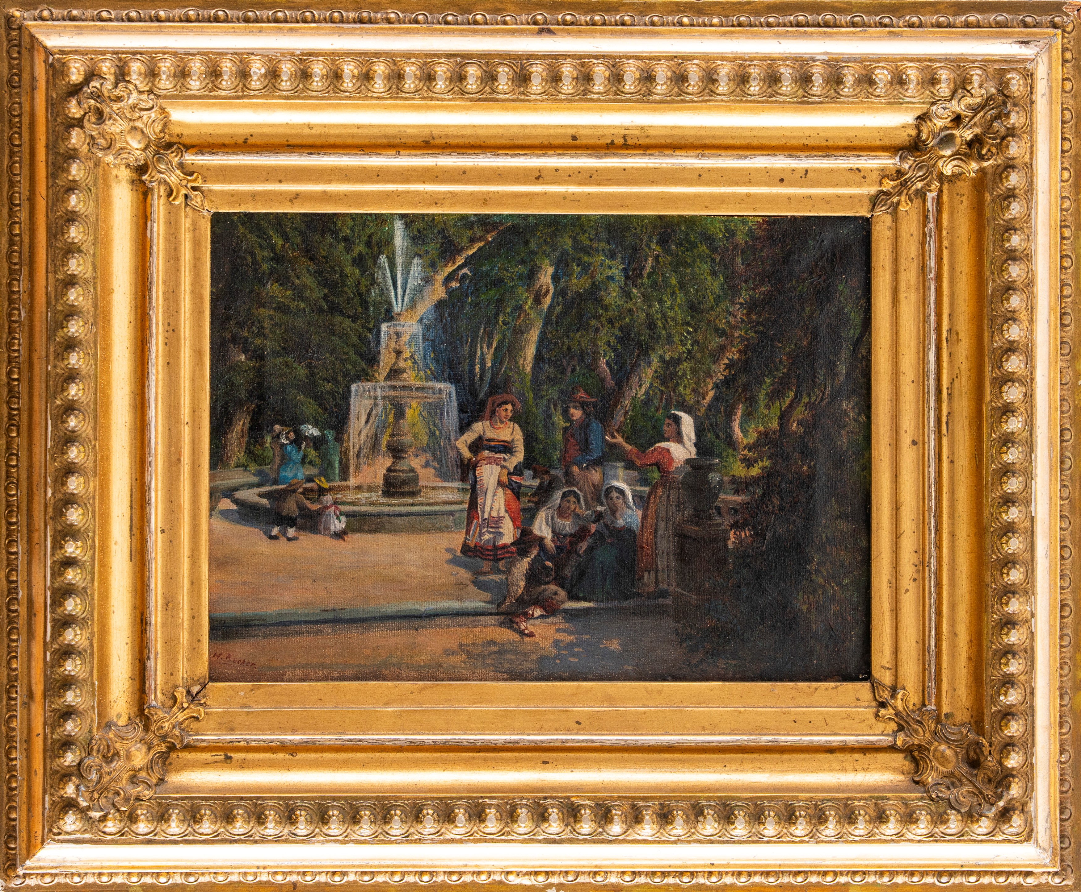 Scuola Europea del XIX Secolo - Veduta di Villa Borghese con la fontana in Viale Tiziano (olio su...
