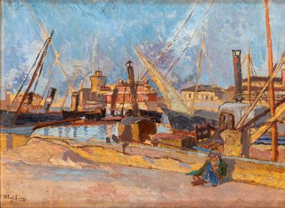 Il porto di Livorno, olio su cartone
