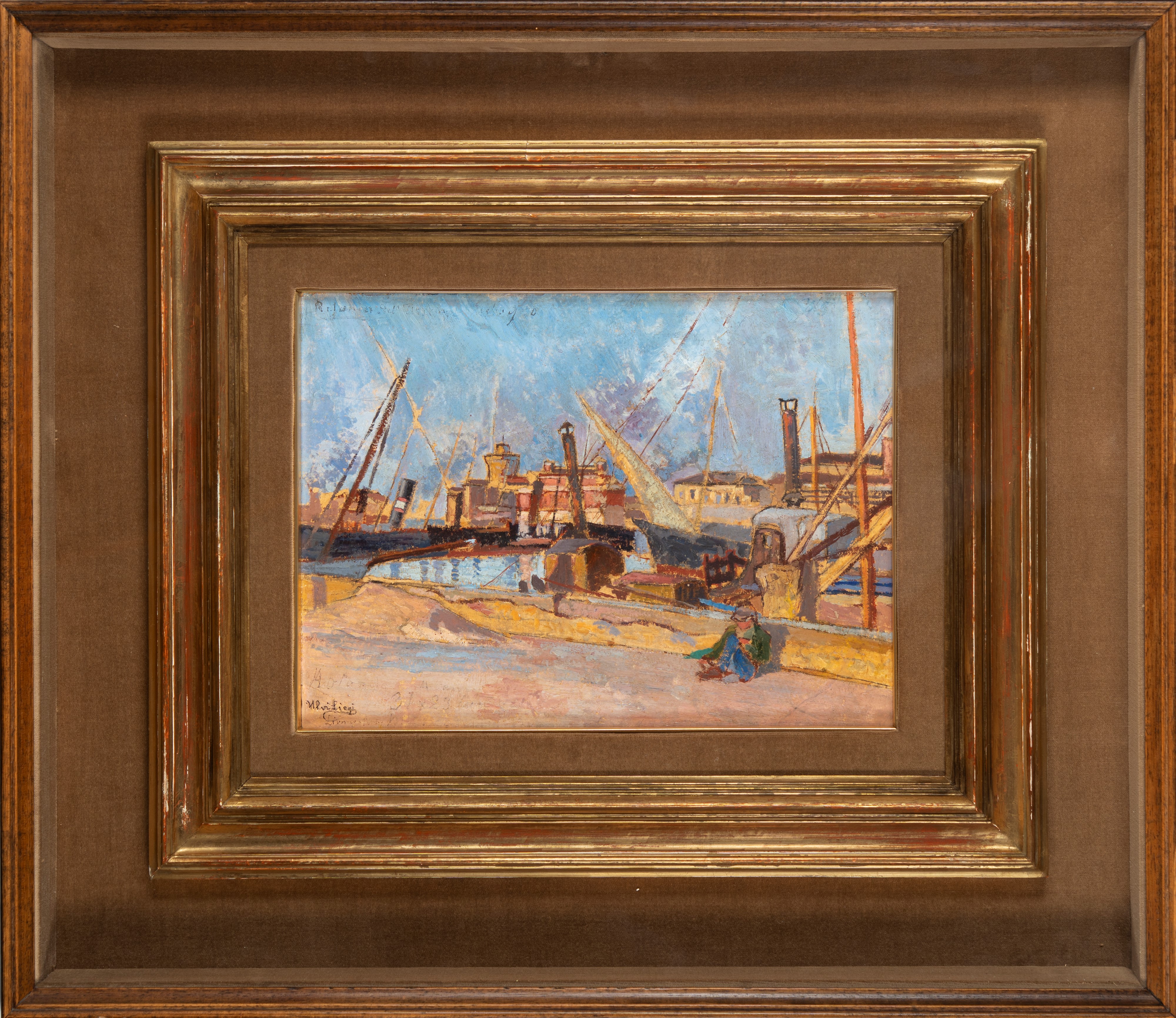 Ulvi Liegi - Il porto di Livorno, olio su cartone