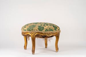 Pouf in legno intagliato e dorato, secolo XVIII