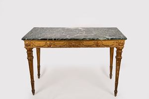Console in legno intagliato e dorato con piano in marmo, fine secolo XVIII 