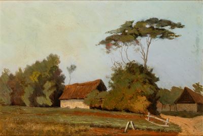 Paesaggio con case, olio su cartone