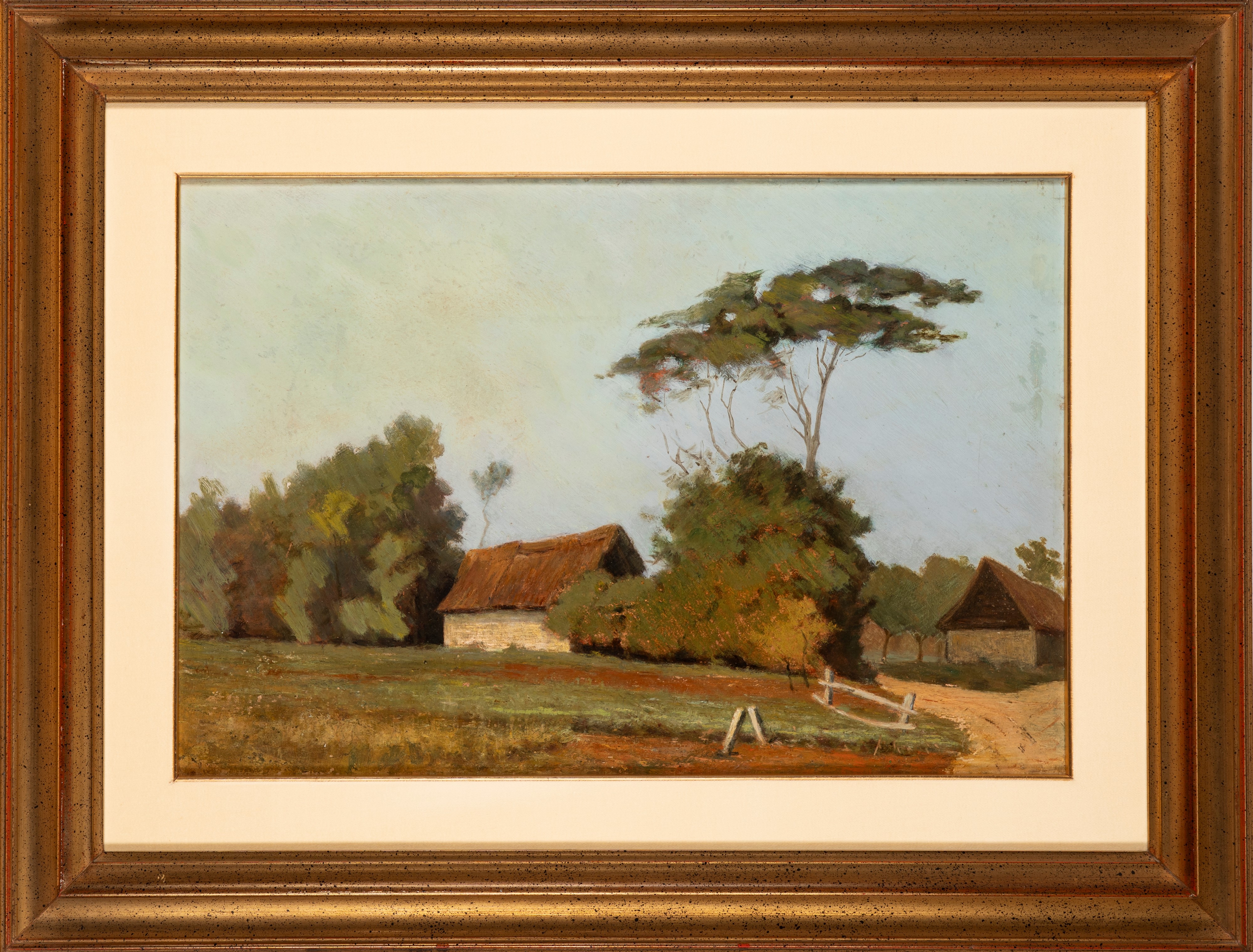 Scuola del Secolo XIX - Paesaggio con case, olio su cartone