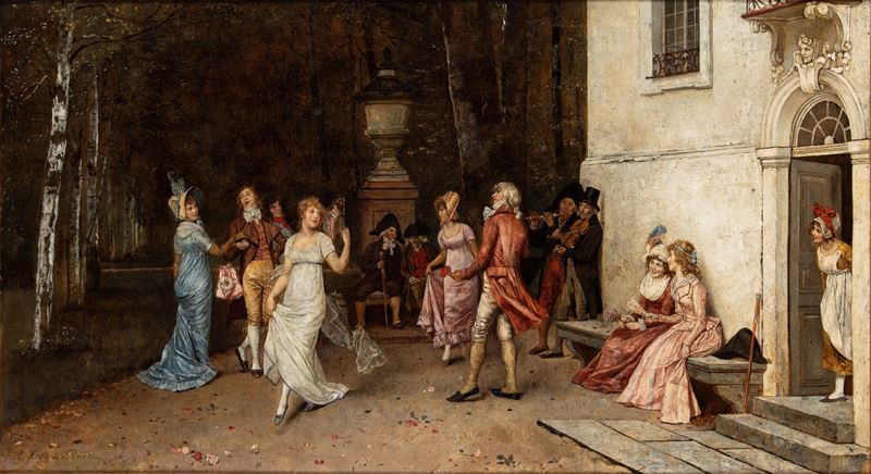Rudolf Hirth Du Frenes - Scena di vita popolare all'aperto, olio su tela