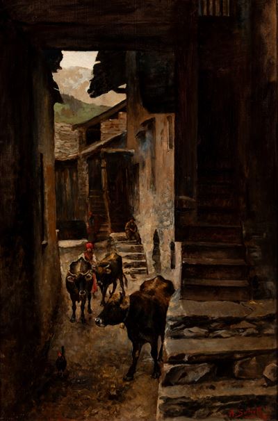 Scorcio di paese con pastorella e armenti