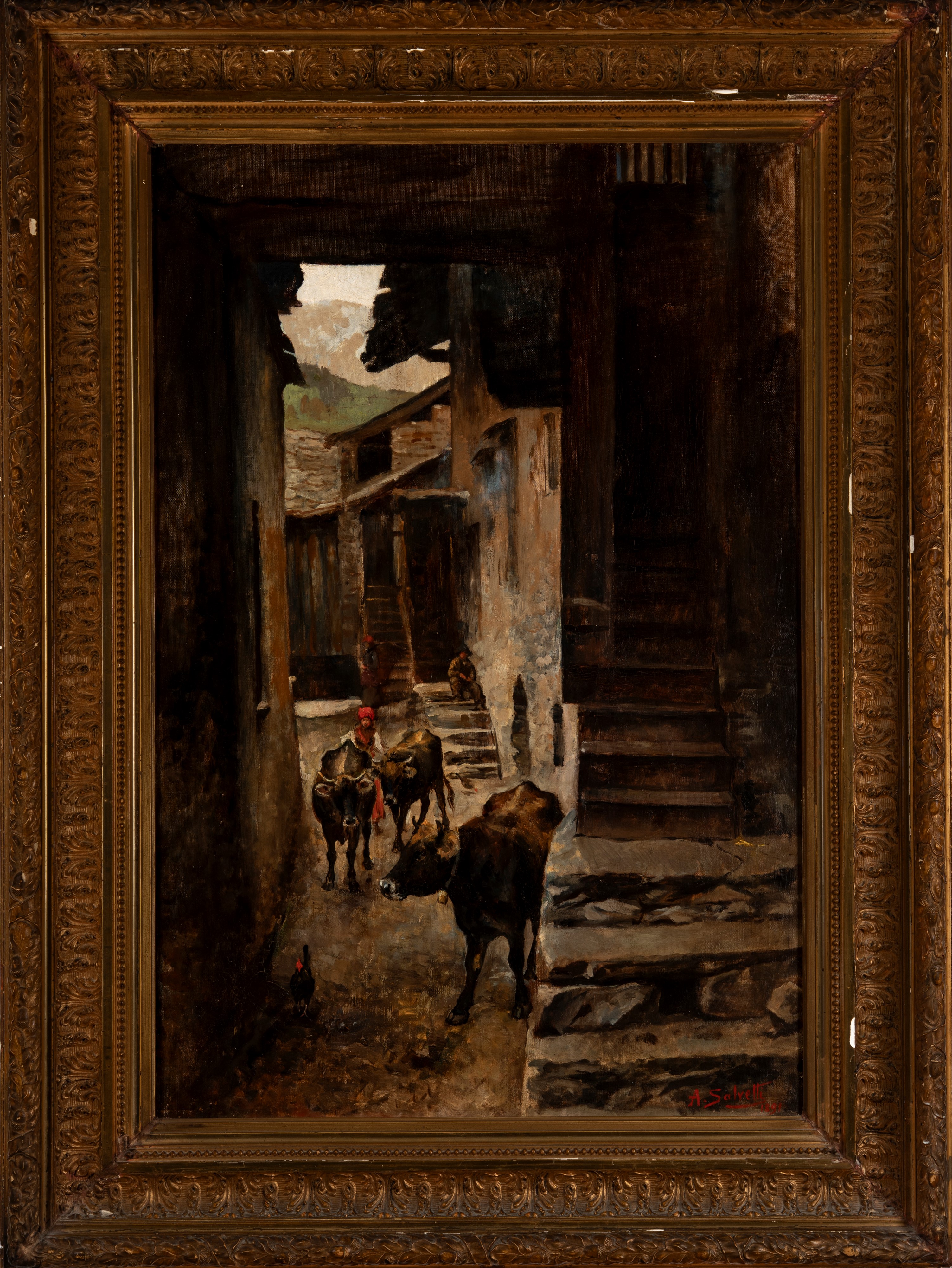 Antonio Salvetti - Scorcio di paese con pastorella e armenti