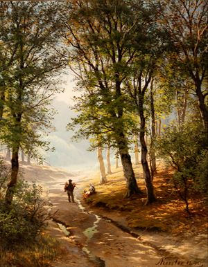 Paesaggio boschivo con viandanti