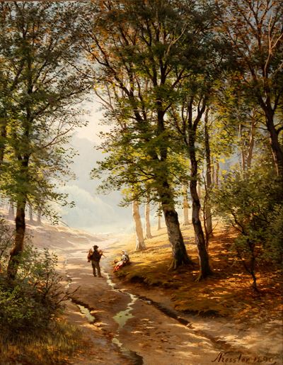 Paesaggio boschivo con viandanti