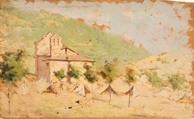 Paesaggio con accampamento di tende, olio su tavola