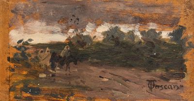 Deserto con tre beduini, olio su tavola