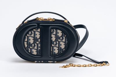 Borsa Pouch in tessuto Dior Oblique blu con dettagli in pelle