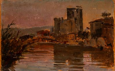 La rocca presso il fiume, olio su tavola