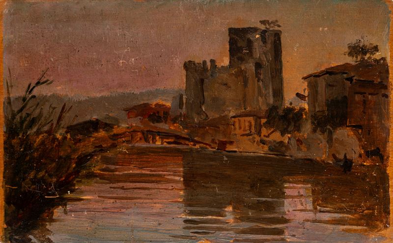 Odoardo Toscani - La rocca presso il fiume, olio su tavola