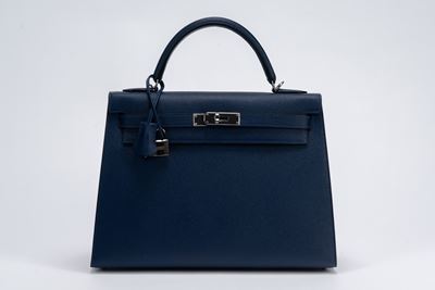 Borsa Kelly Sellier Horseshoe, 32, in pelle Epsom blu indigo, dettagli in palladio (2018)