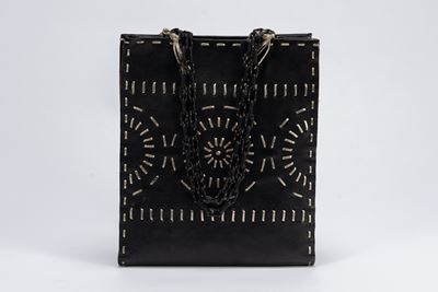 Borsa Shopper in cuoio nero a traforo con filo argentato