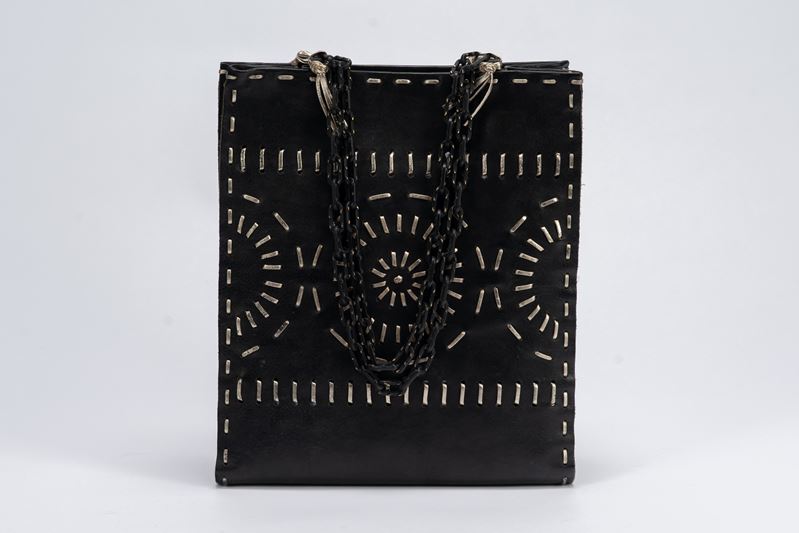 Valentino Garavani - Borsa Shopper in cuoio nero a traforo con filo argentato