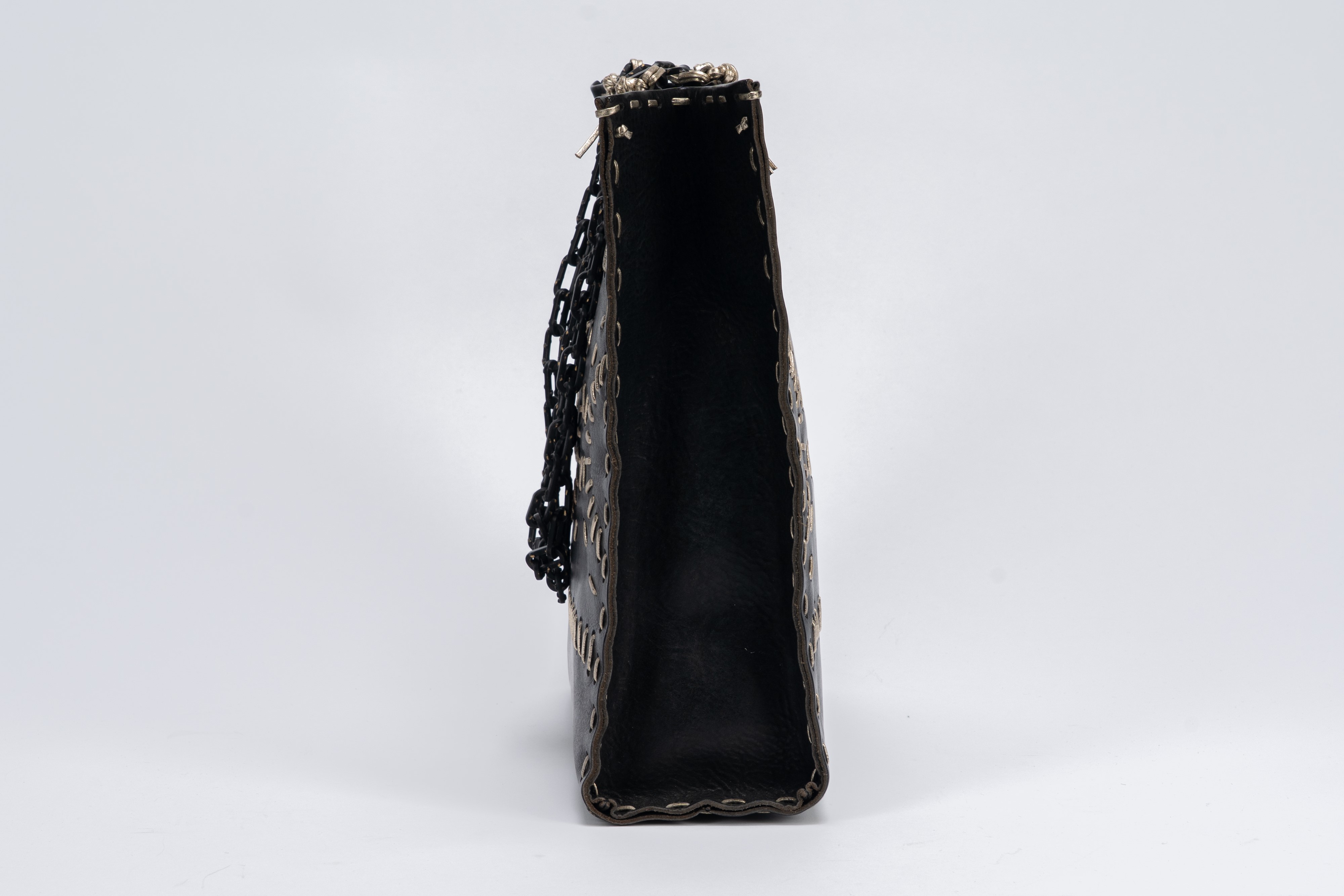 Valentino Garavani - Borsa Shopper in cuoio nero a traforo con filo argentato