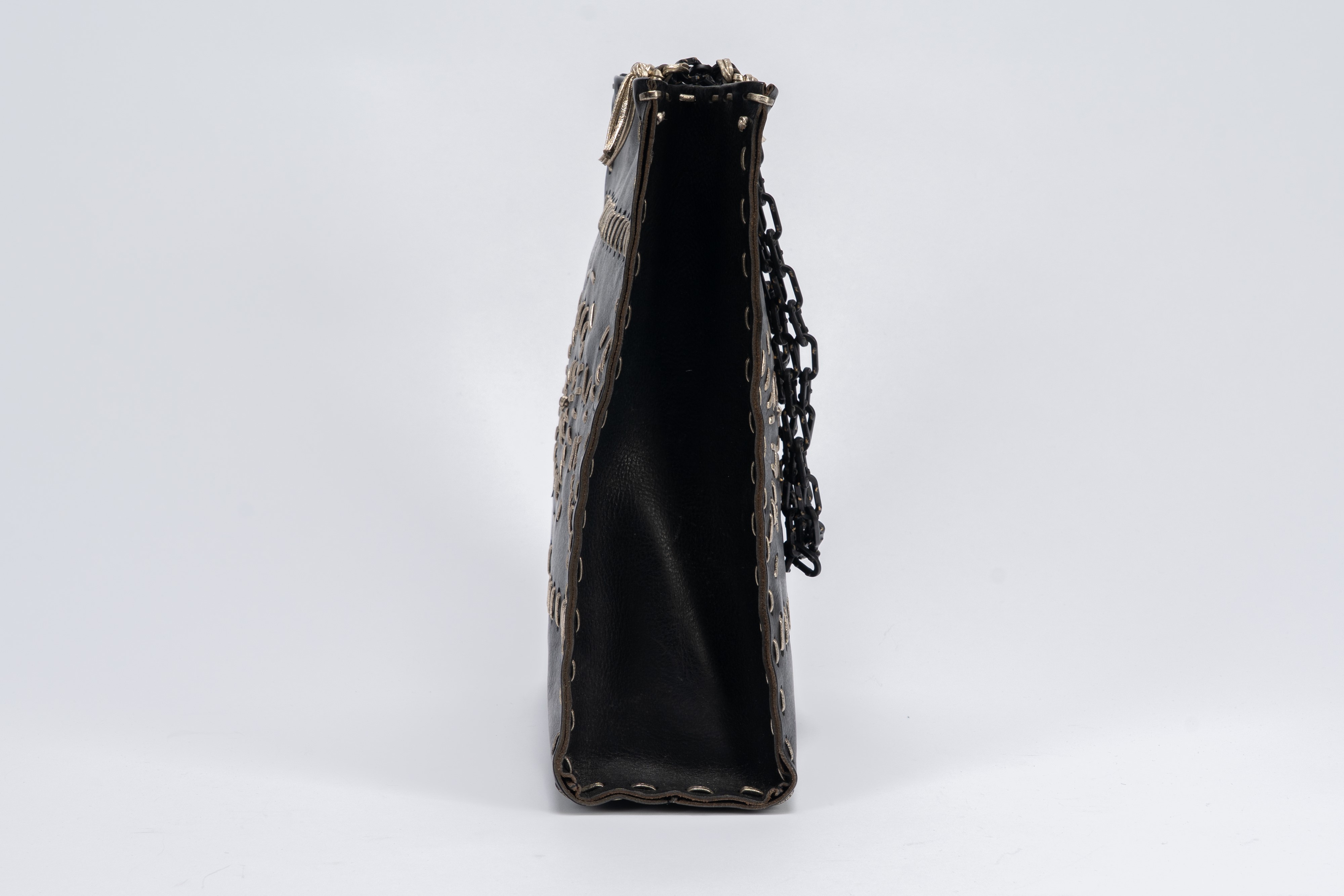 Valentino Garavani - Borsa Shopper in cuoio nero a traforo con filo argentato