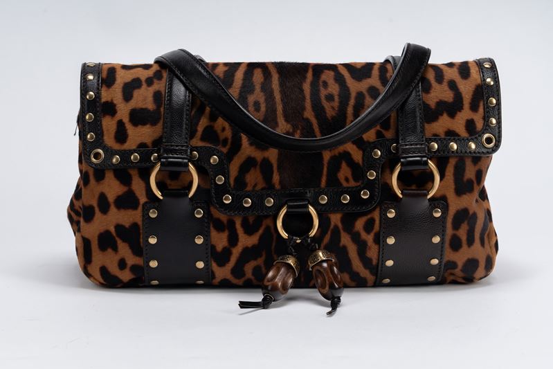 Yves Saint Laurent - Borsa in cavallino con stampa maculata e doppi manici