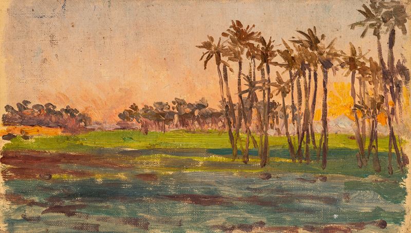 Odoardo Toscani - Egitto: il tramonto sulle piramidi, olio su cartone telato