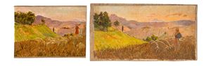 Paesaggi con pastorella e gregge nel tramonto nella campagna romana