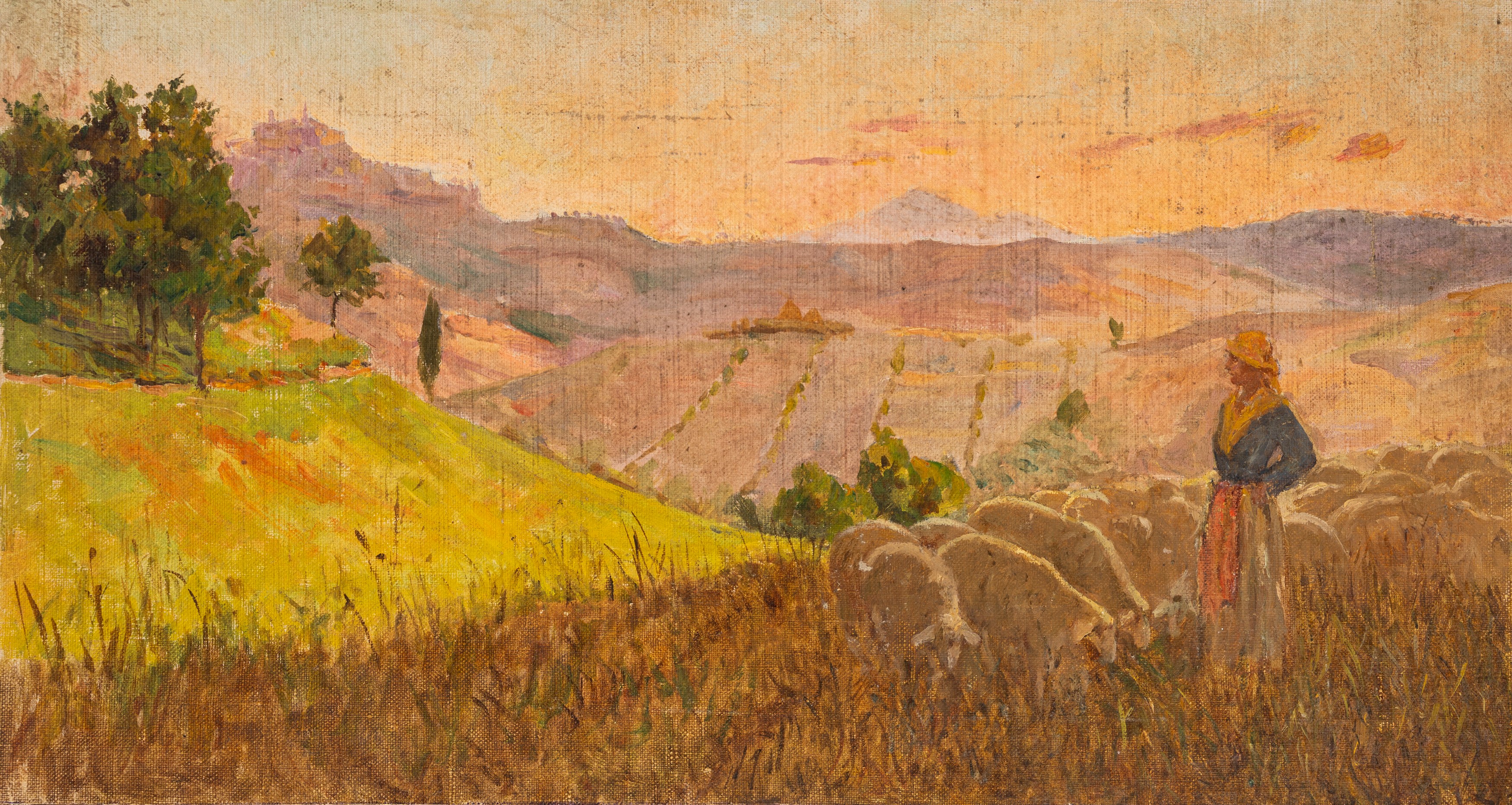 Odoardo Toscani - Paesaggi con pastorella e gregge nel tramonto nella campagna romana (coppia, ol...