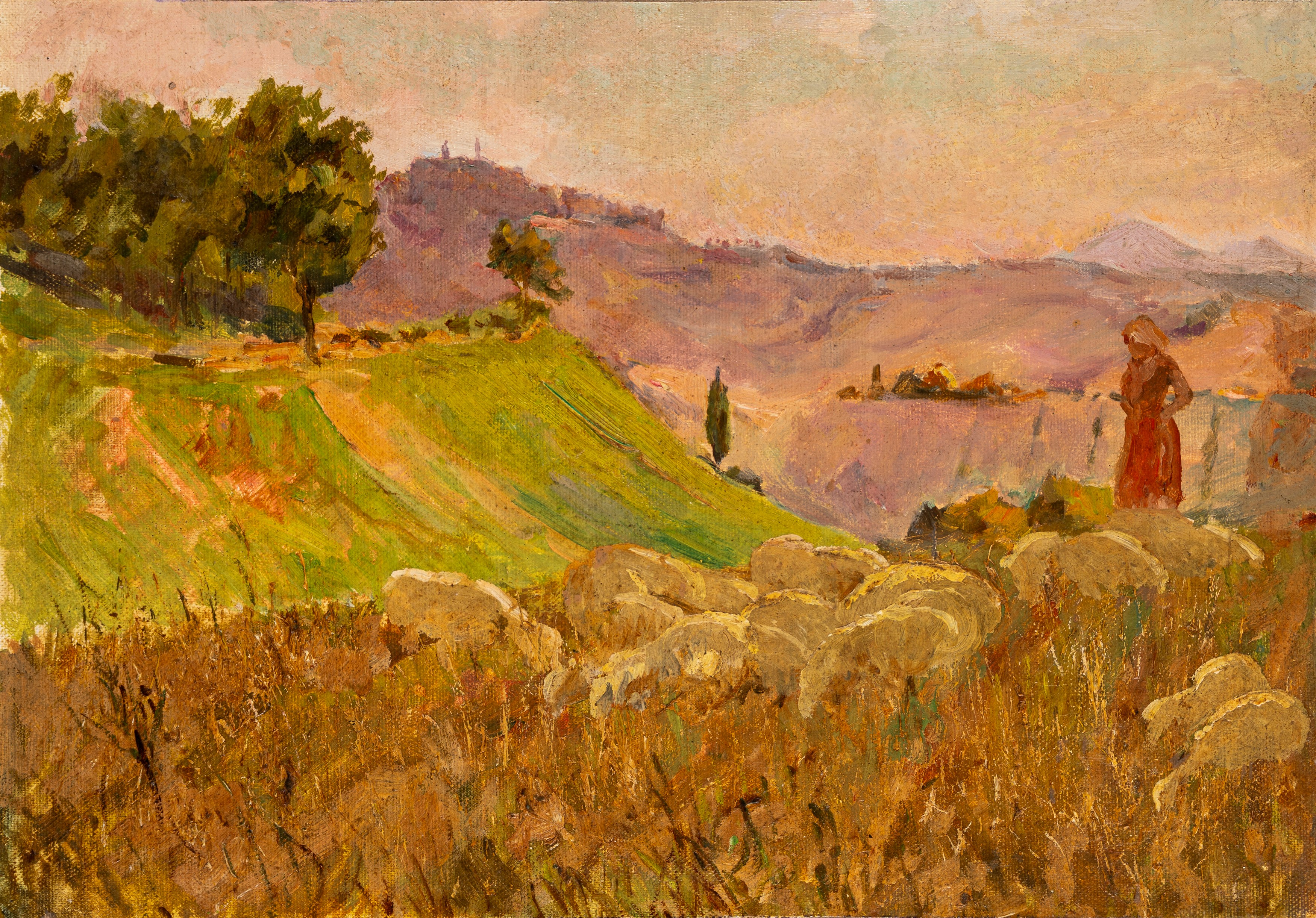 Odoardo Toscani - Paesaggi con pastorella e gregge nel tramonto nella campagna romana (coppia, ol...
