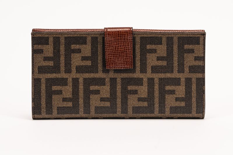 Fendi - Portafoglio, tela “zucca” e pelle color marrone