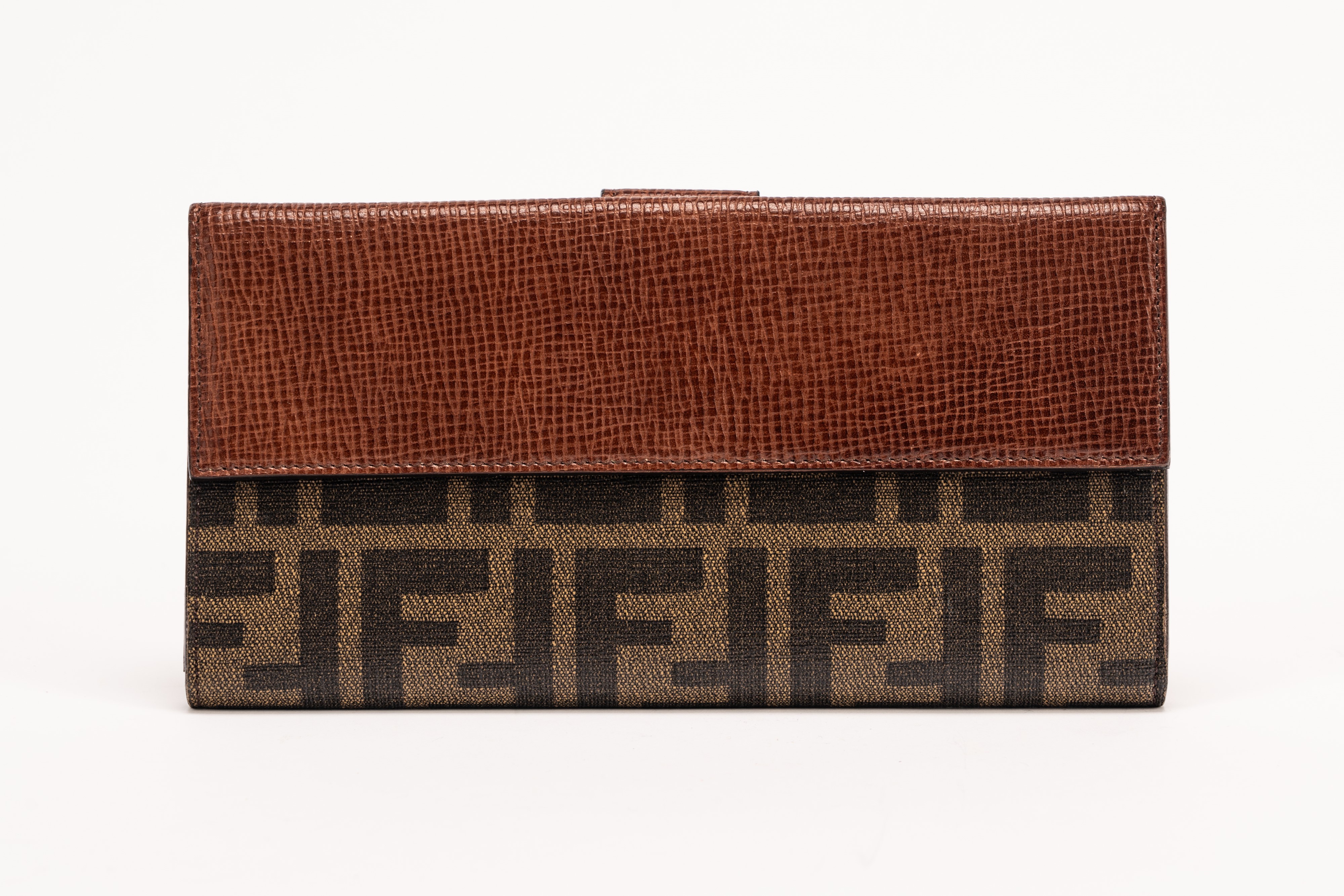 Fendi - Portafoglio, tela “zucca” e pelle color marrone