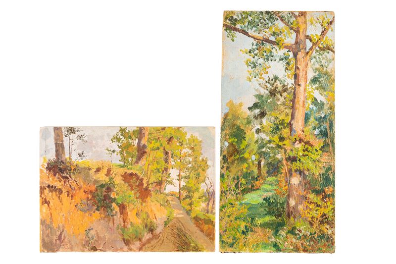 Odoardo Toscani - Paesaggi con strada di campagna e albero (coppia di oli su tela su cartone)