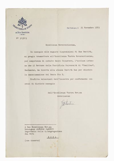 Montini, Lettera firmata a Mons. Alfonso Carinci del 21 novembre 1953
