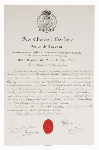 Bressan, Diploma di cavaliere dell'Ordine Costantiniano di San Giorgio, 1913