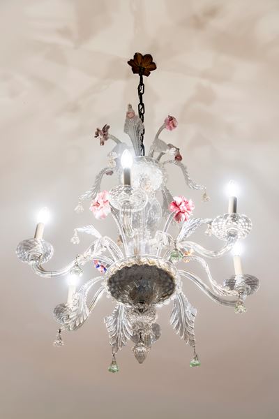 Lampadario a sei luci, vetro di Murano incolore con fiori policromi