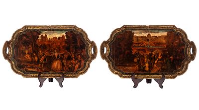 Pietro Accorsi, Coppia di vassoi biansati in legno laccato e dorato in stile “Arte Povera”, Venez...
