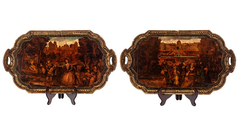 Pietro Accorsi, Coppia di vassoi biansati in legno laccato e dorato in stile “Arte Povera”, Venez...