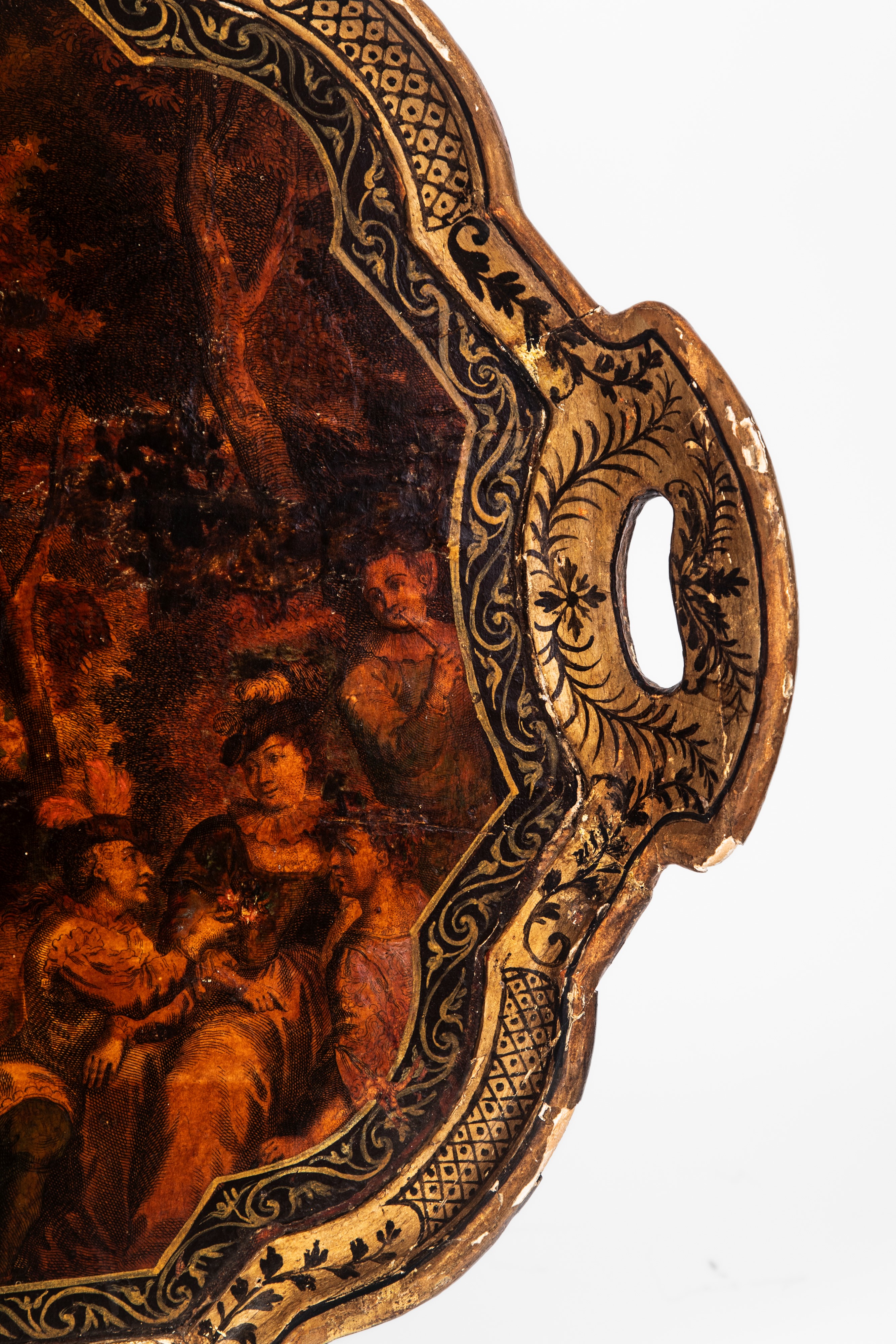 Pietro Accorsi, Coppia di vassoi biansati in legno laccato e dorato in stile “Arte Povera”, Venez...